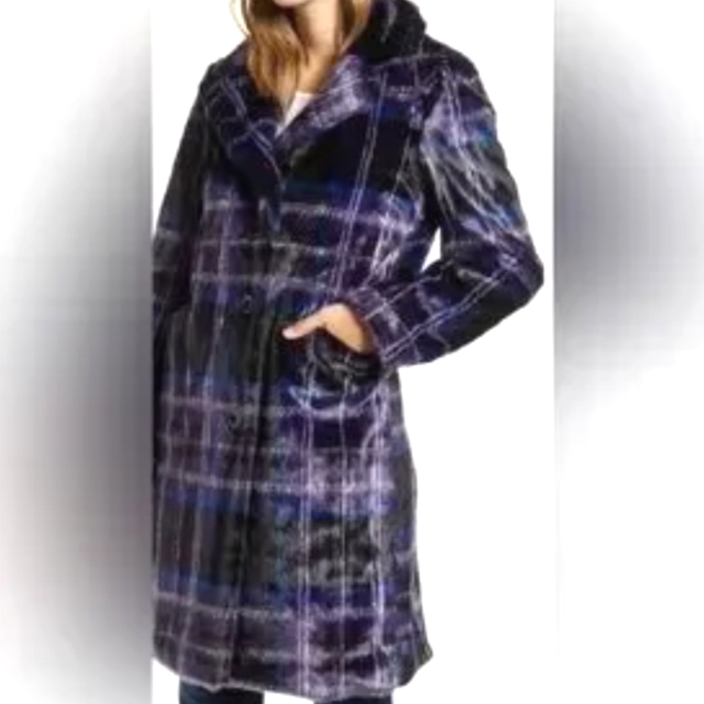 Sam Edelman Blanket Plaid Faux Fur Coat Size Large